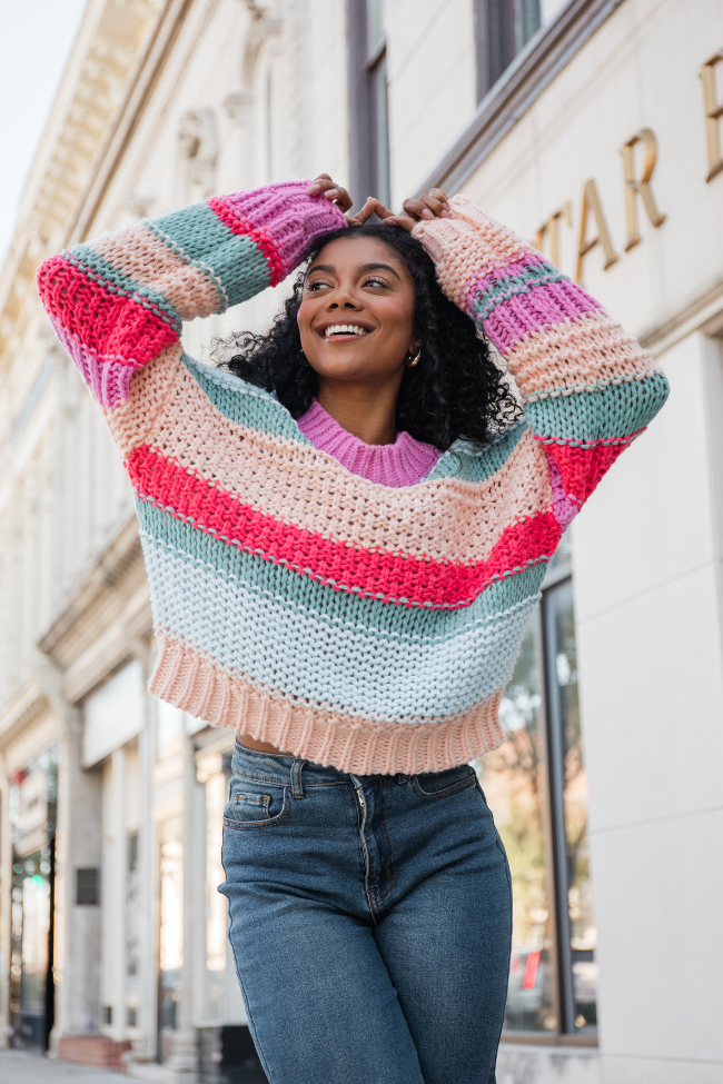 In Line Peach Multi Chunky Striped Sweater Outlet Store Locations