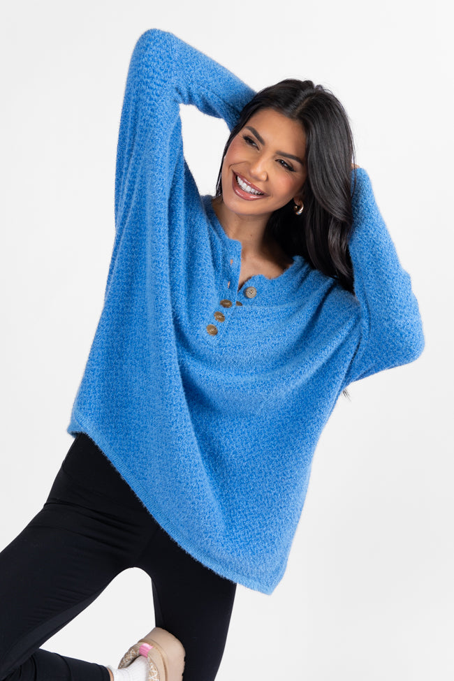 Thinking Of You Blue Fuzzy Henley Blouse SALE Cheap Pice Wholesale