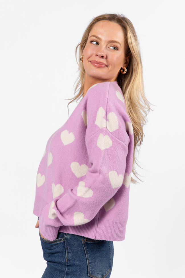 By The Book Lilac Hearts V-Neck Sweater FINAL SALE Cheap Sale Huge Surprise