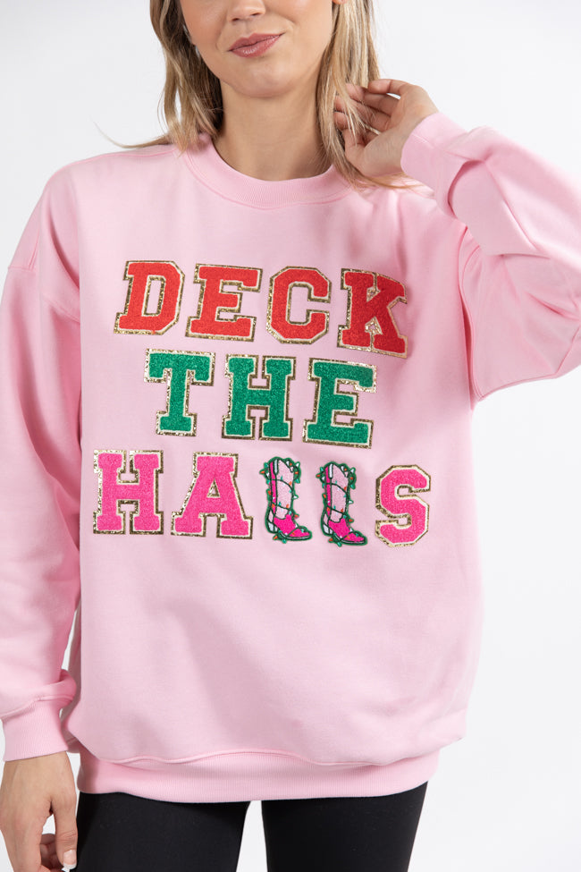 Deck The Halls Chenille Patch Light Pink Oversized Graphic Sweatshirt FINAL SALE Outlet Cheap