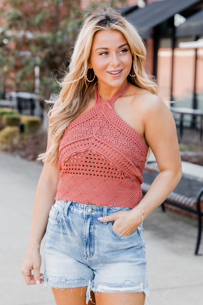 Not A Problem Terracotta Halter Neck Crochet Tank FINAL SALE Finishline