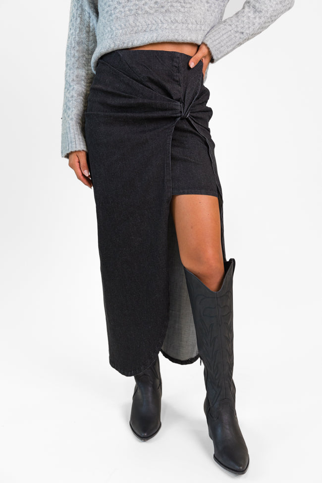 Unexpected Turn Black Denim Twist Front Midi Skirt Outlet The Cheapest