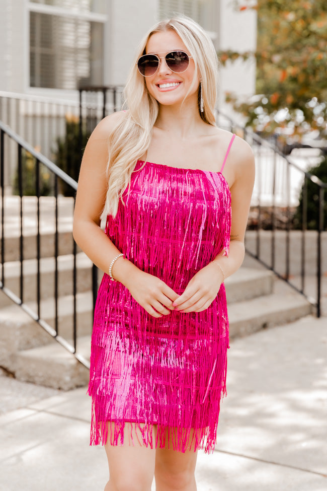 Just Ask Me Pink Sequin Fringe Tank Mini Dress FINAL SALE Clearance Fast Delivery