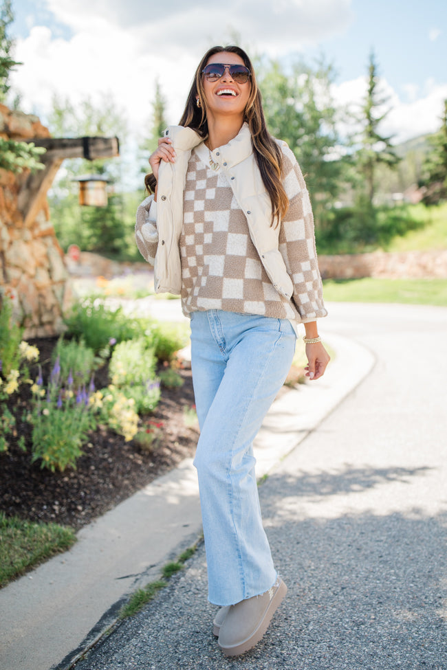 Warm Hearts Taupe Fuzzy Checkered V-neck Sweater FINAL SALE Sale Wiki