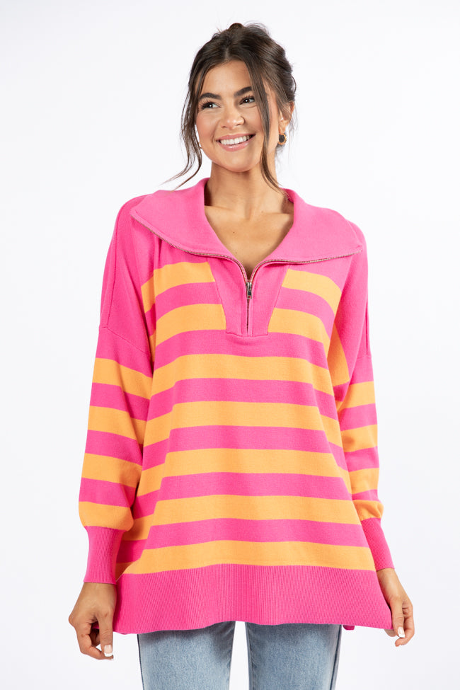 Pulling Heartstrings Pink And Orange Striped Quarter Zip Pullover SALE Many Kinds Of Sale Online