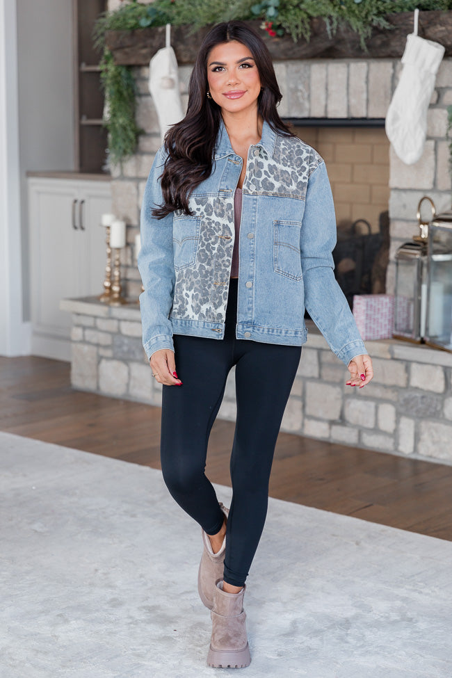 Head For The Next Town Leopard Print Medium Wash Denim Jacket FINAL SALE Free Shipping For Sale