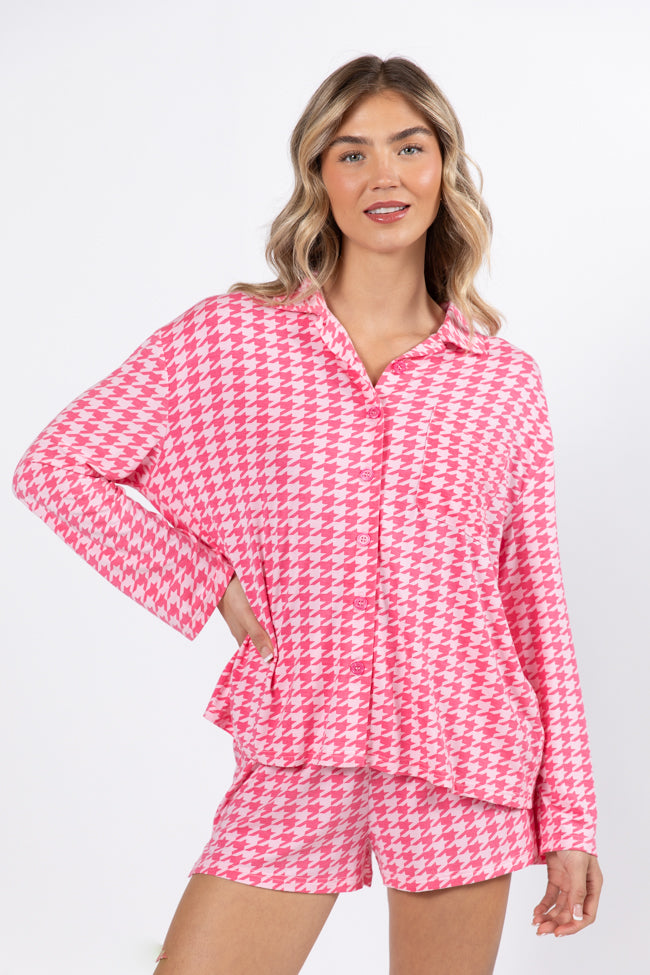 On A Cloud In Pink Houndstooth Pajama Set FINAL SALE Perfect Cheap Pice