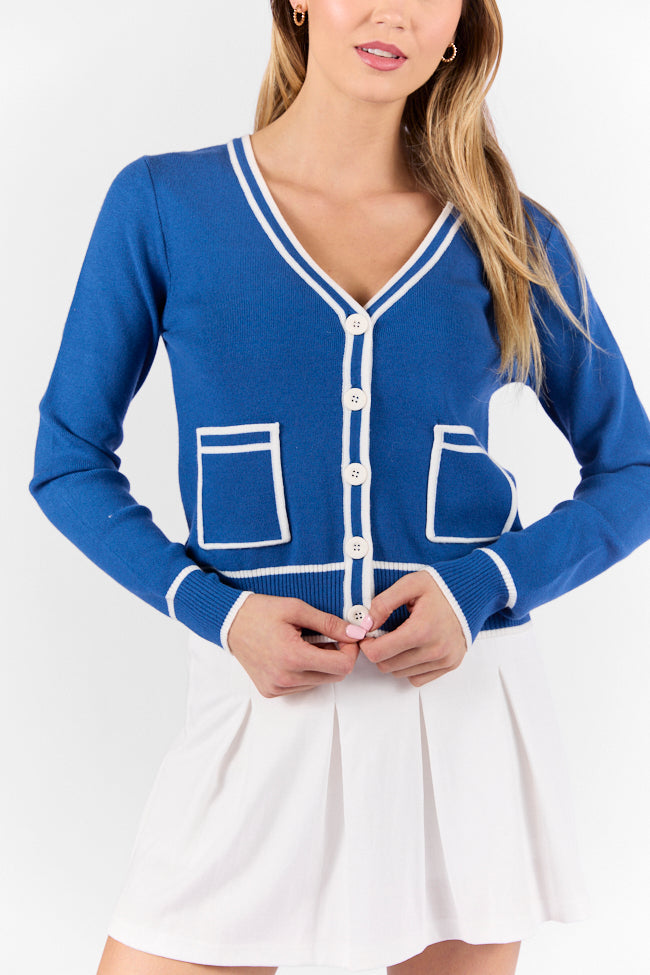 Gives Me Time Navy and Ivory Contrast Trim Cardigan Lowest Pice