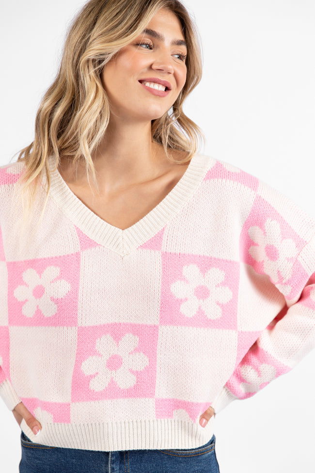 Found A New Way Pink V-Neck Checkered Flower Sweater SALE For Sale 2025