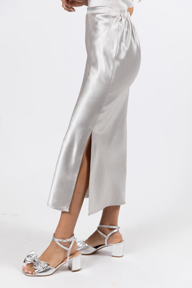 Love On The Brain Silver Satin Midi Skirt Buy Cheap Perfect