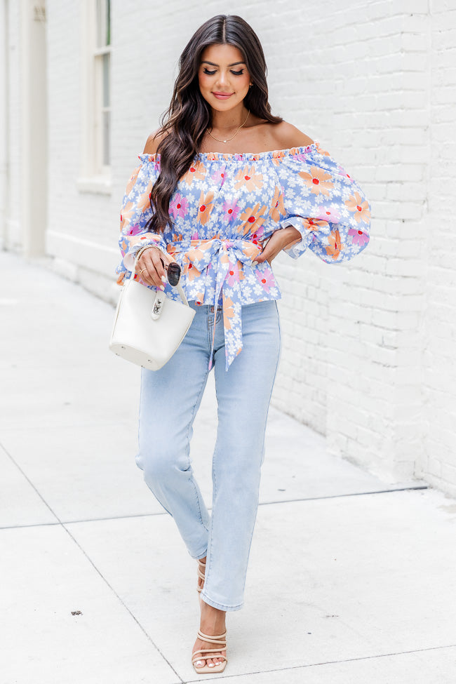 Off The Path Blue Off The Shoulder Belted Blouse FINAL SALE Clearance Cost