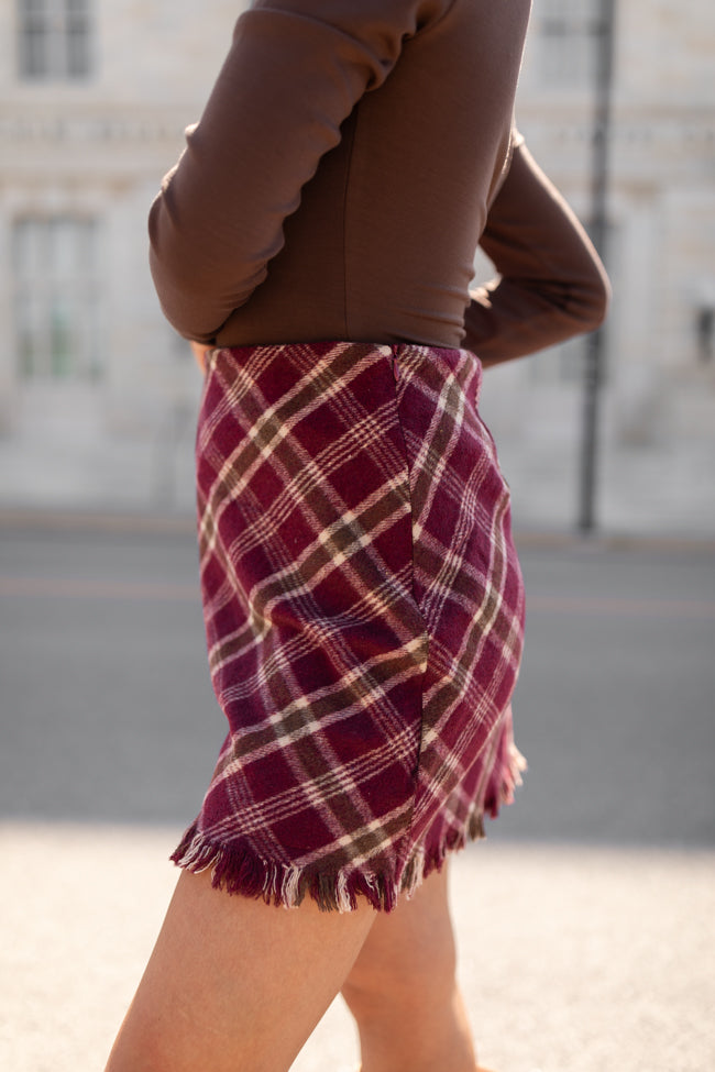 Gives Me Hope Burgundy Fringe Hem Plaid Skirt FINAL SALE Clearance Big Sale