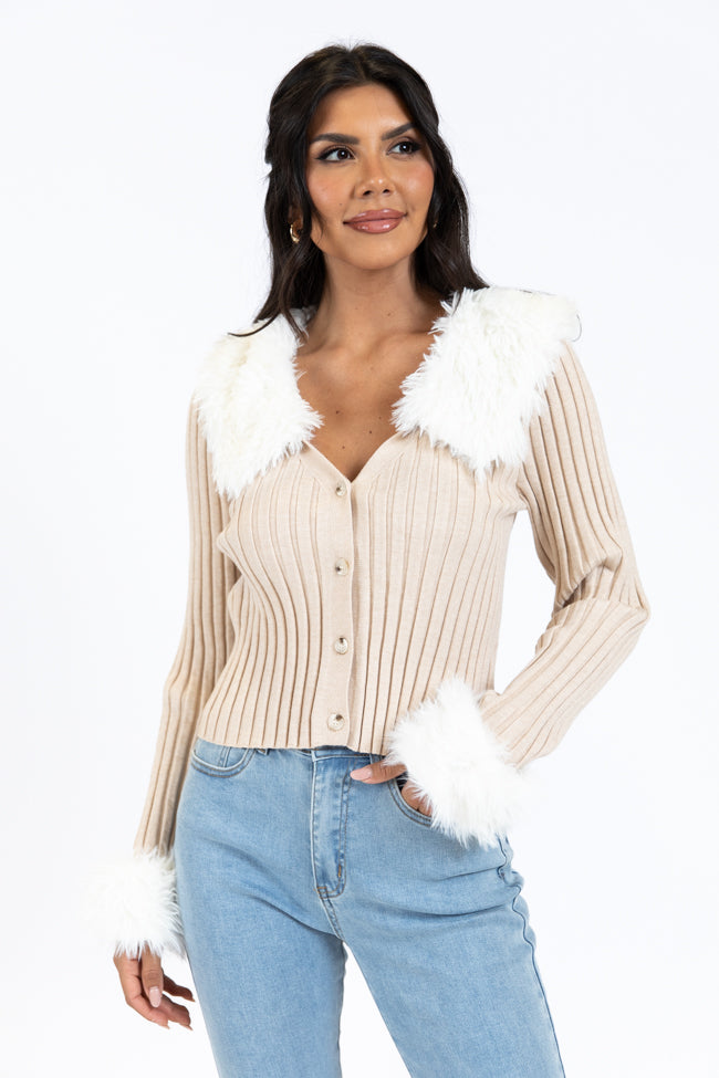 Fake It Until You Make It Beige Faux Fur Trim Cardigan Buy Cheap Clearance