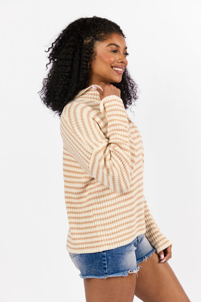 Bayside Breeze Ivory and Tan Stripe Quarter Zip Pullover Sweater Release Dates Sale Online