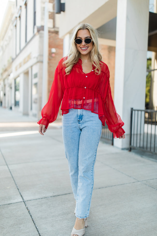 Breathe Deeper Red Sheer Ruched Blouse FINAL SALE With Credit Card Cheap Online