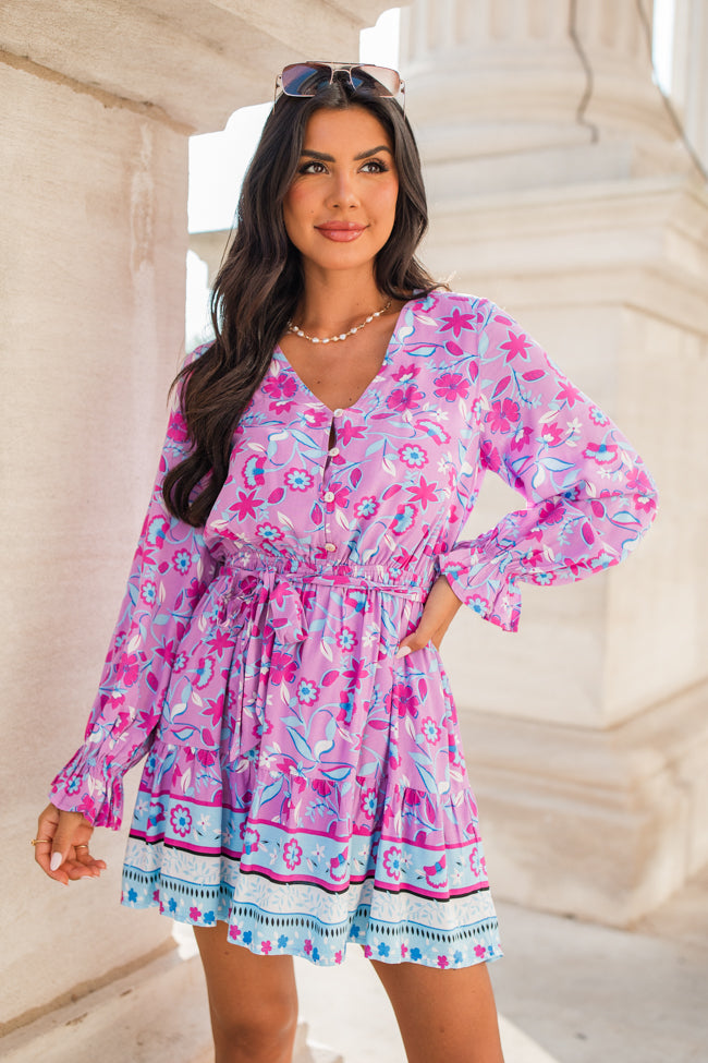 Finding My Place Purple and Blue Wrap Top Border Print Dress FINAL SALE Cheap Sale Footaction