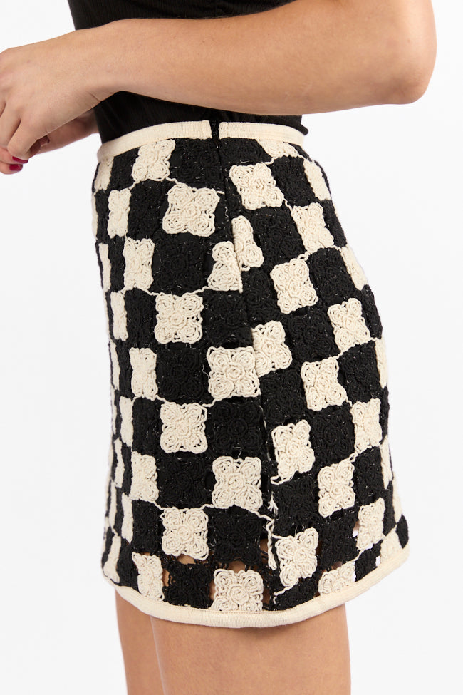 Check On Me Black and Cream Checkered Crochet Mini Skort Discount Manchester