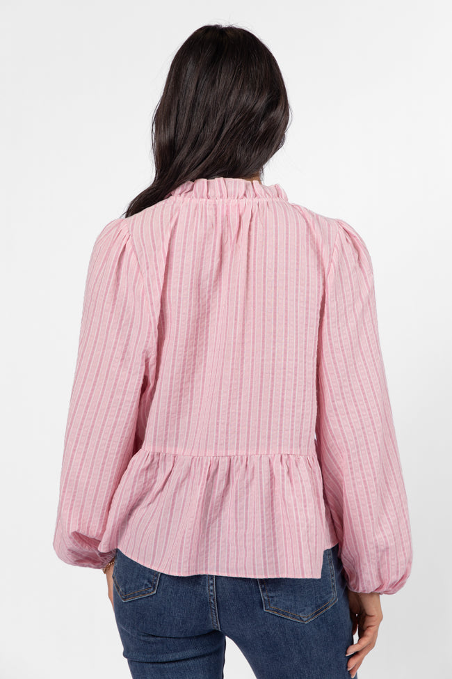 Oh My Darling Pink Stripe Notched Neckline Button Detail Peplum Blouse Discount Fast Delivery