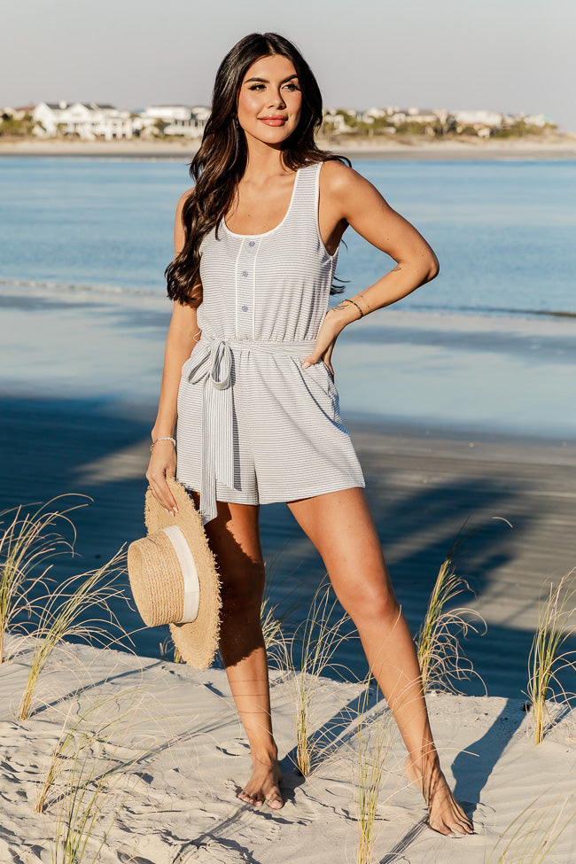 Slowly Drifting White and Blue Striped Button Front Romper FINAL SALE Visa Payment