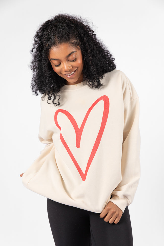 Red Heart Sketch Cream Oversized Graphic Sweatshirt Marketable For Sale