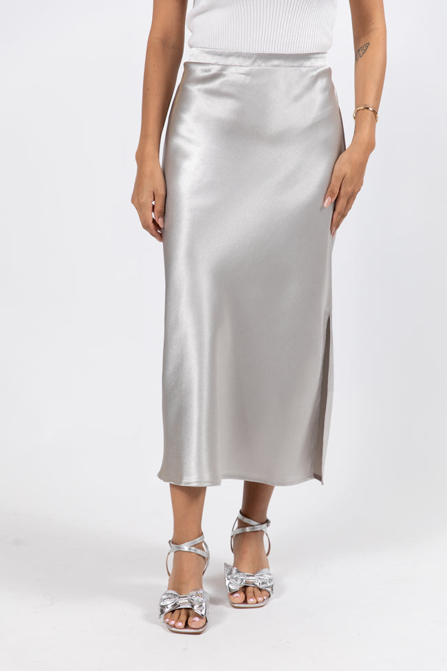 Love On The Brain Silver Satin Midi Skirt Buy Cheap Perfect