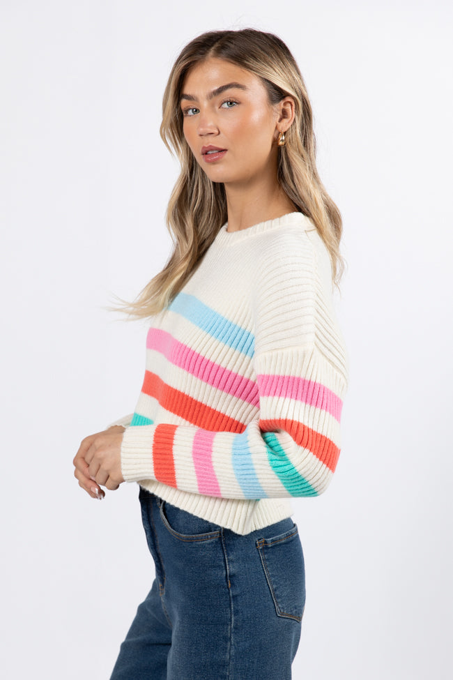 I'm Just Thinking Multi Color Stripe Hem Crew Neck Sweater FINAL SALE