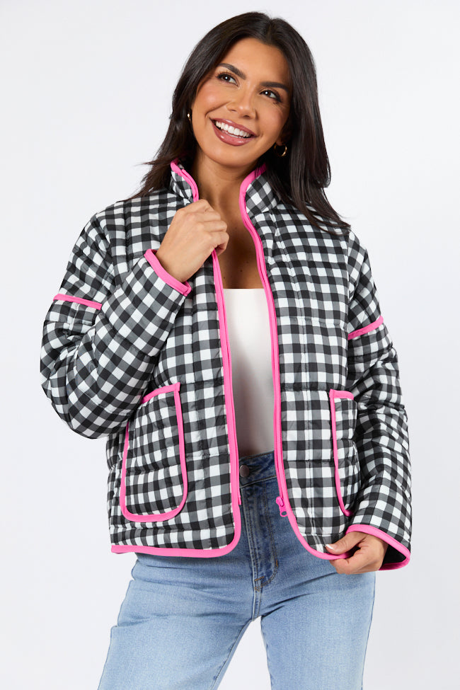 Going For It Black Gingham Printed Zip Up Jacket Buy Authentic Online