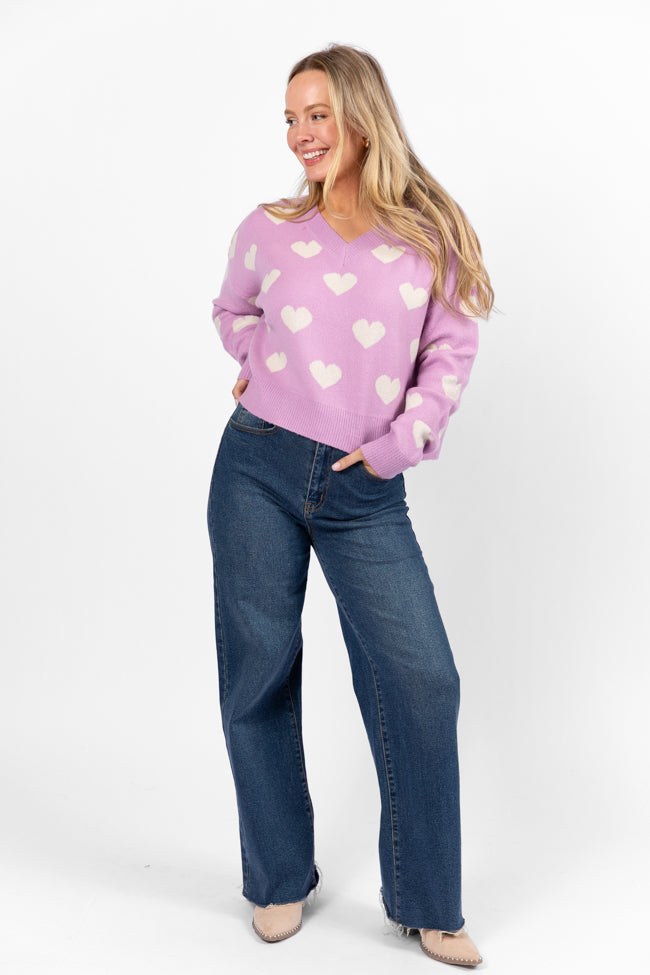 By The Book Lilac Hearts V-Neck Sweater FINAL SALE Cheap Sale Huge Surprise