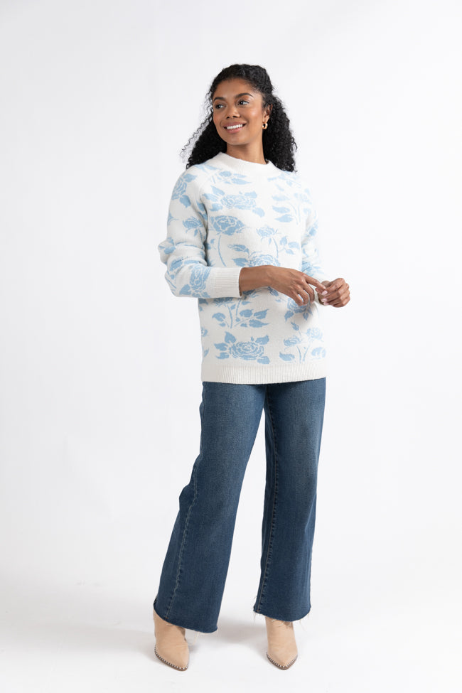 Feeling Like Love Ivory and Blue Floral Crew Neck Sweater SALE Buy Cheap Perfect