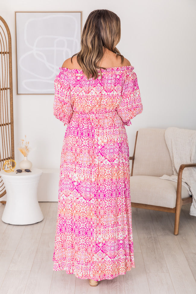 Dynamic Love Pink Printed Off The Shoulder Maxi Dress FINAL SALE Clearance For Cheap