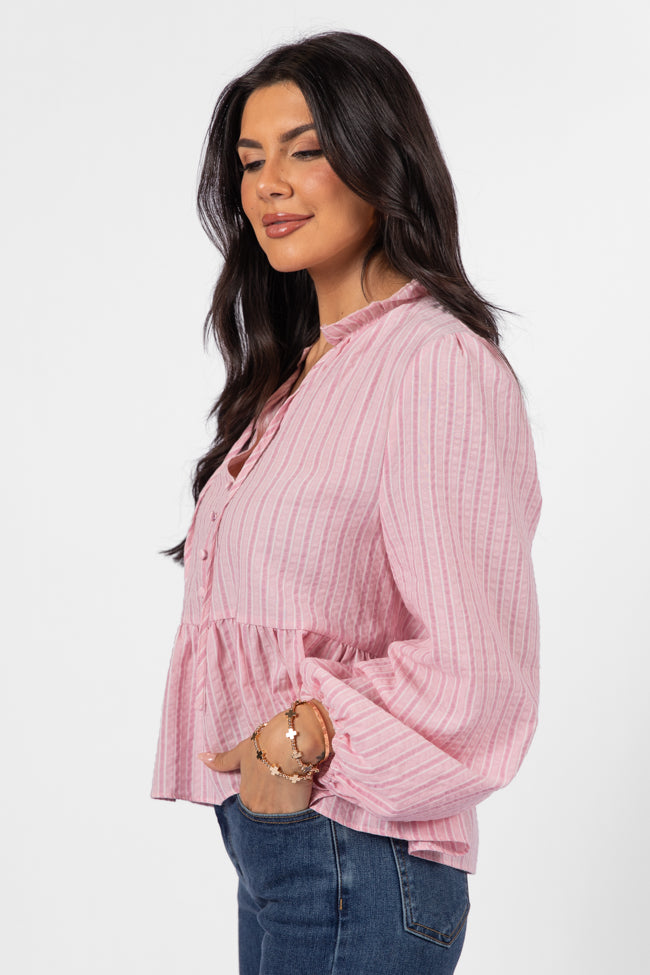 Oh My Darling Pink Stripe Notched Neckline Button Detail Peplum Blouse Discount Fast Delivery