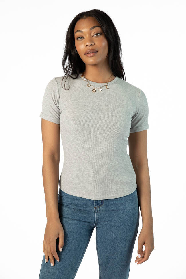 Everyday Essential Grey Ribbed Crew Neck Tee Sale Sast