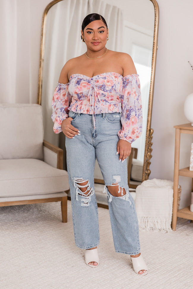 Sonic Blooms Purple Floral Off The Shoulder Long Sleeve Blouse FINAL SALE Buy Cheap Clearance Store