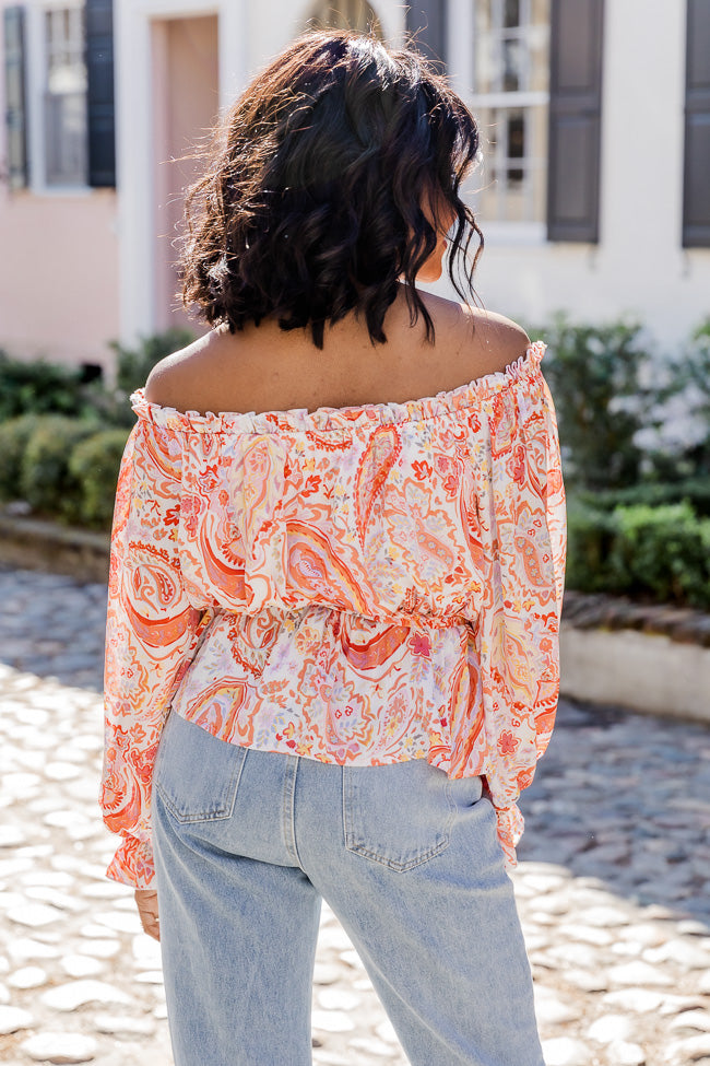 Off The Path Orange Paisley Off The Shoulder Belted Blouse FINAL SALE Free Shipping Best Place