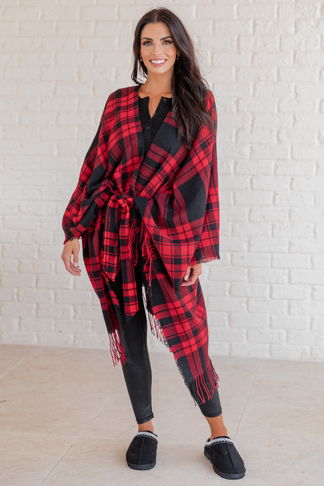 Comfort And Joy Red and Black Plaid Poncho FINAL SALE Big Discount Online