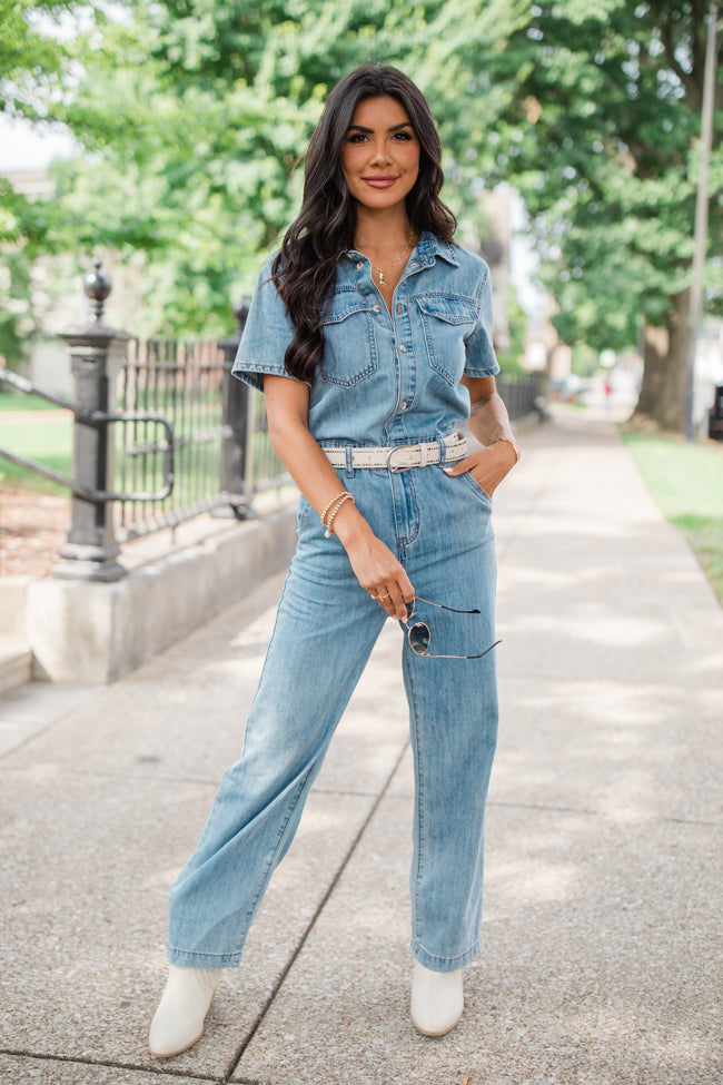 Chances Are Medium Wash Button Up Denim Jumpsuit FINAL SALE Best Seller