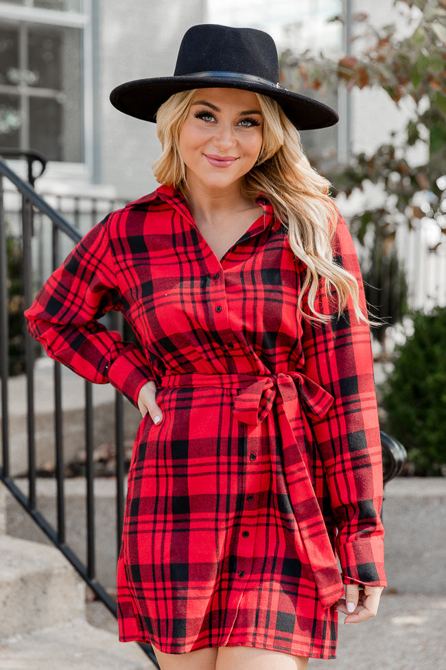 So Plaid You're Mine Red and Black Plaid Collared Button Up Belted Mini Dress FINAL SALE