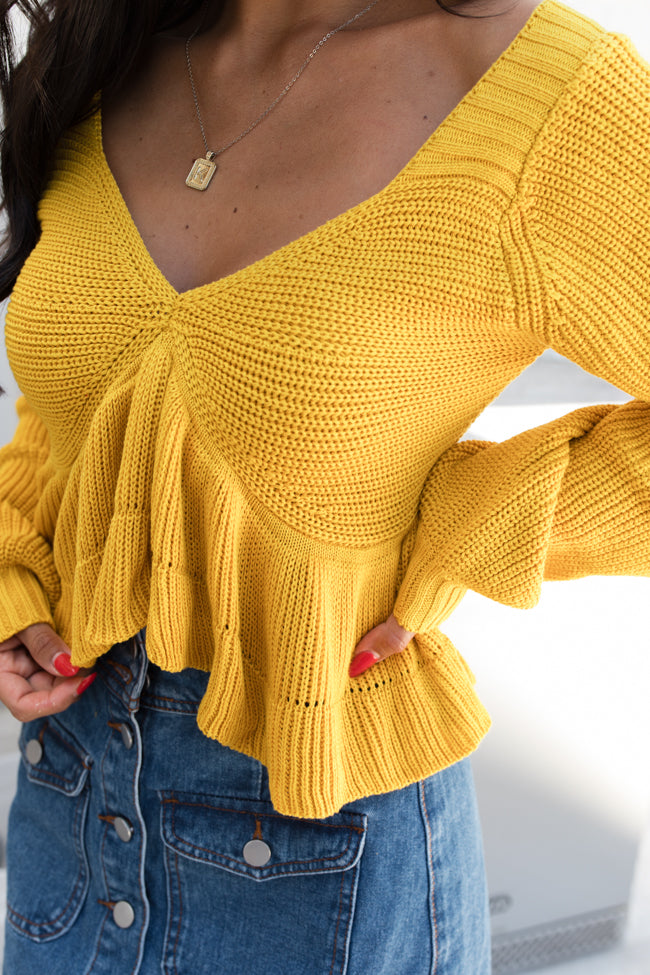 Find Your Way Mustard Ruffle Hem V-Neck Sweater FINAL SALE Buy Cheap Largest Supplier