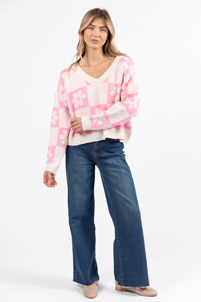 Found A New Way Pink V-Neck Checkered Flower Sweater SALE For Sale 2025