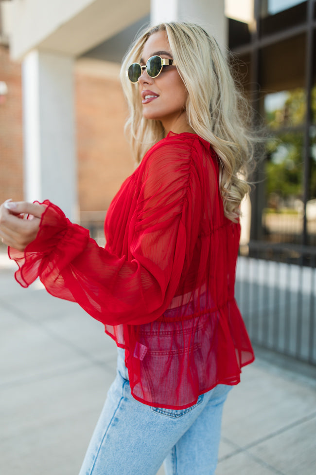 Breathe Deeper Red Sheer Ruched Blouse FINAL SALE With Credit Card Cheap Online