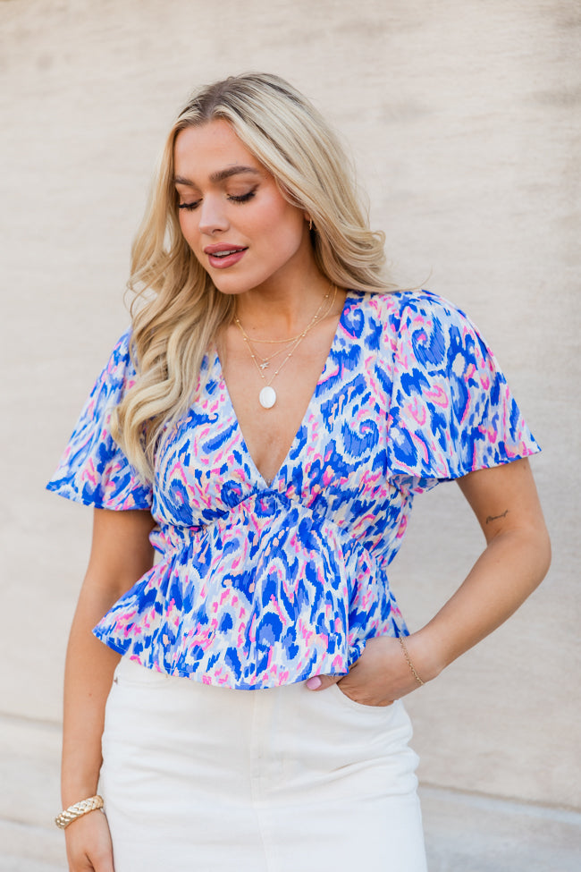 Snagged Your Attention Blue Short Sleeve Printed Top Clearance How Much