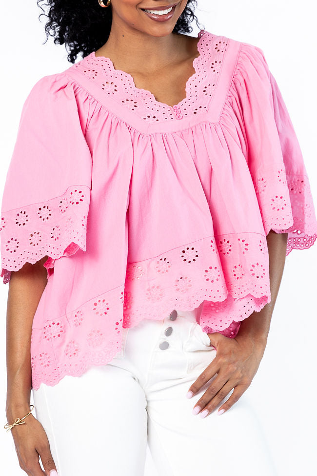 No Regrets Pink Eyelet Detail Popover Short Sleeve Blouse Free Shipping For Cheap