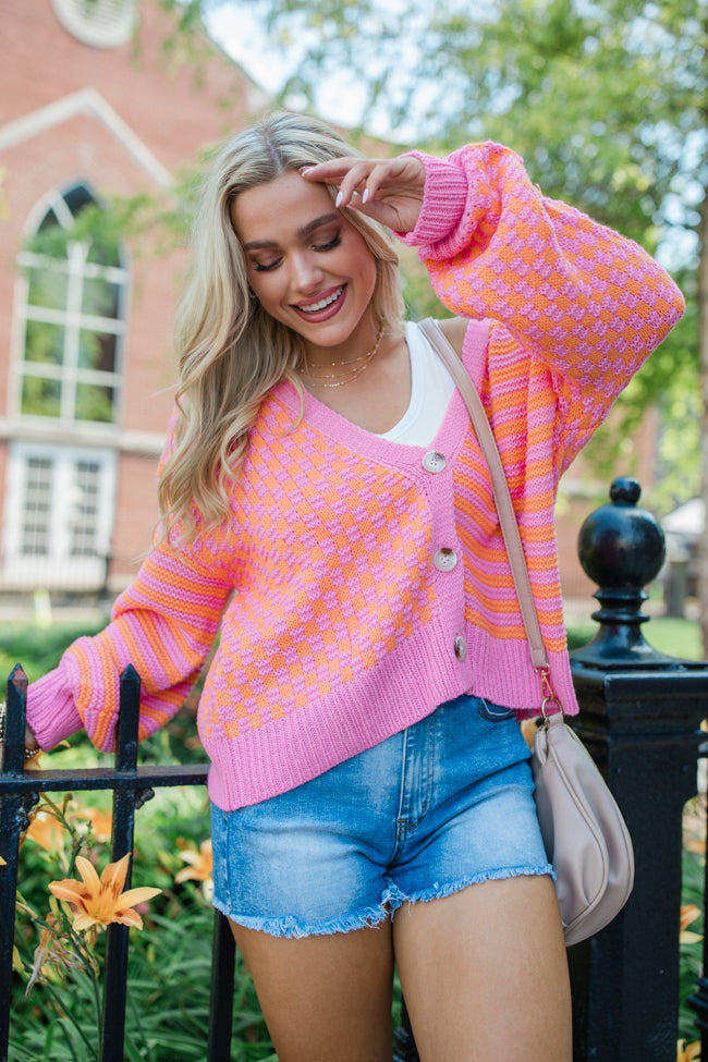 Time To Waste Pink And Orange Checkered And Striped Cardigan Discount From China