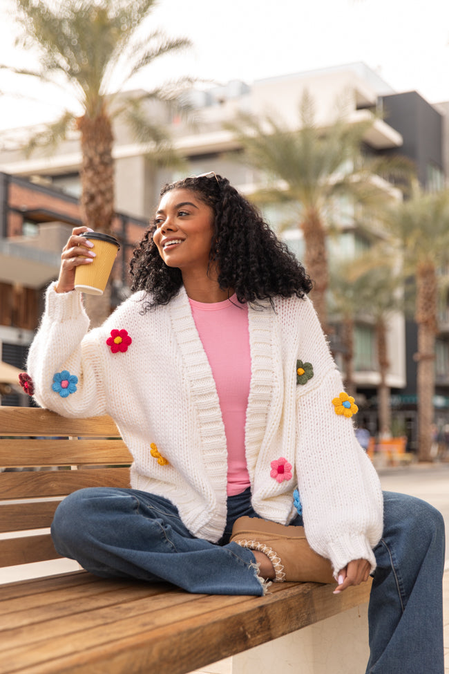 The Way I Feel Ivory Multi Flower Embroidered Cardigan Free Shipping