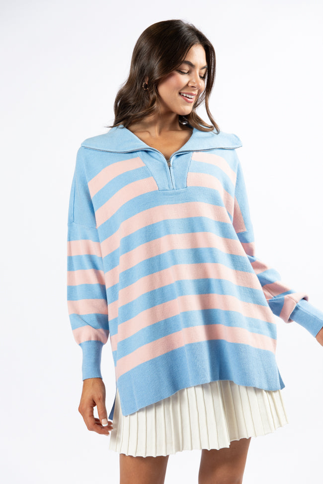 Pulling Heartstrings Blue and Coral Striped Quarter Zip Pullover SALE Cheap Sale Pick A Best