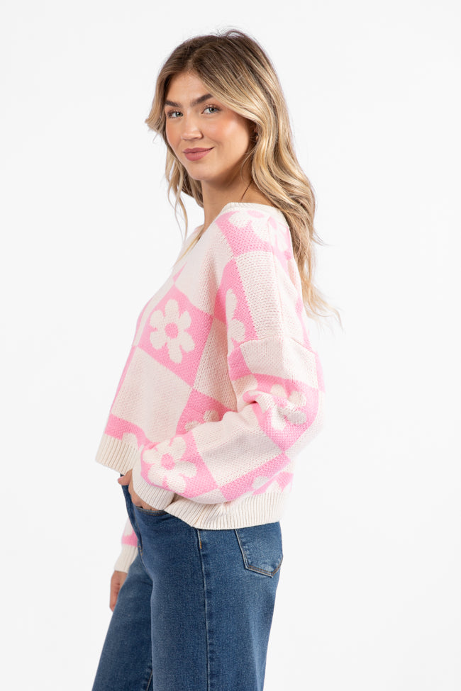 Found A New Way Pink V-Neck Checkered Flower Sweater SALE For Sale 2025