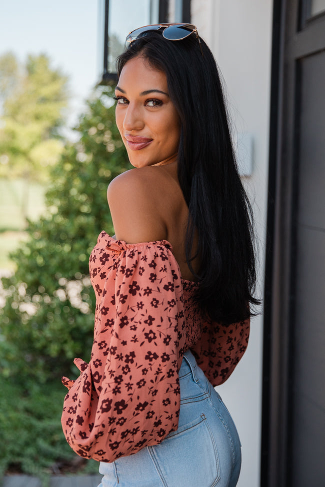 Don't Look Back Brick Floral Print Off The Shoulder Corset Blouse FINAL SALE