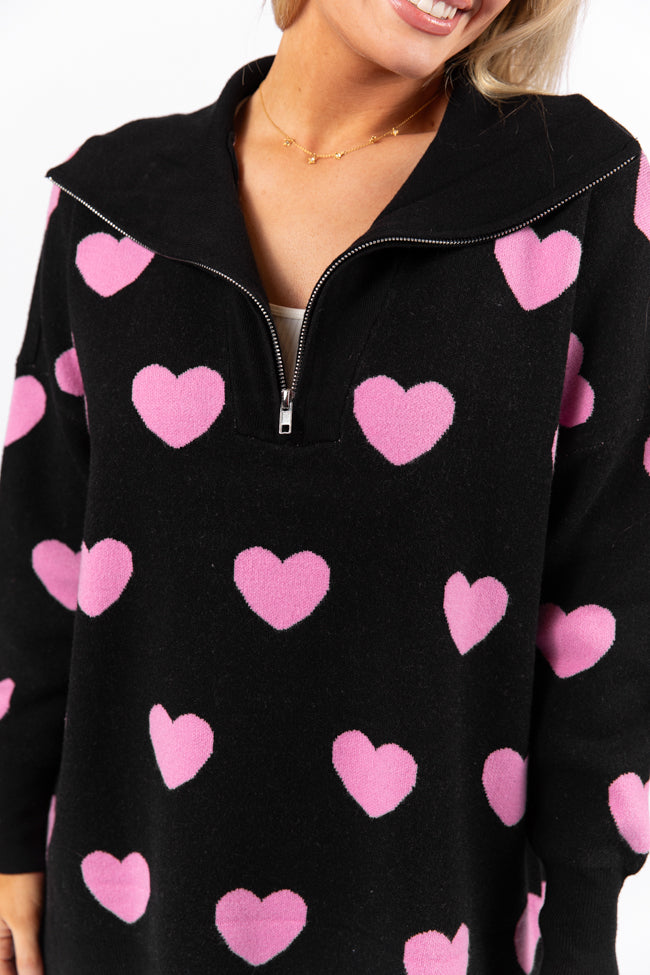 Pulling Heartstrings Black and Pink Heart Print Quarter Zip Pullover FINAL SALE Discount Fashionable