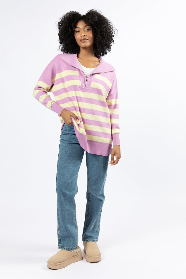 Pulling Heartstrings Purple And Yellow Striped Quarter Zip Pullover SALE Fashion Style Online