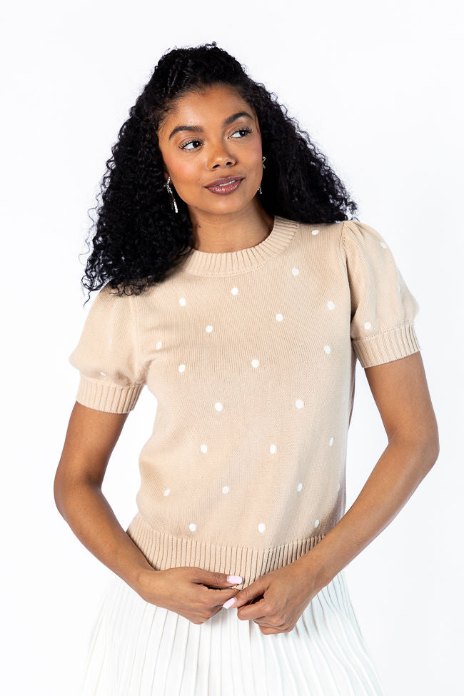 Polka Dot Daydreams Taupe and Ivory Short Sleeve Sweater Cheapest Pice